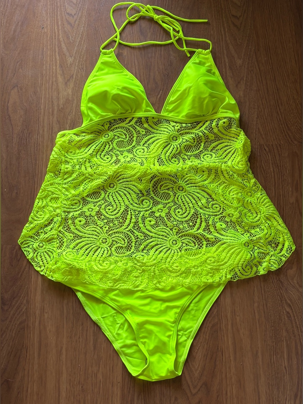 Neon Yellow Lace Tankini Two-Piece Swim
